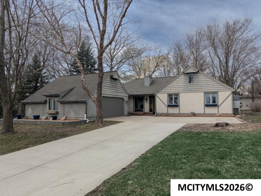 Front view of a single-story suburban house with a two-car garage and a concrete driveway, leafless trees in the yard.